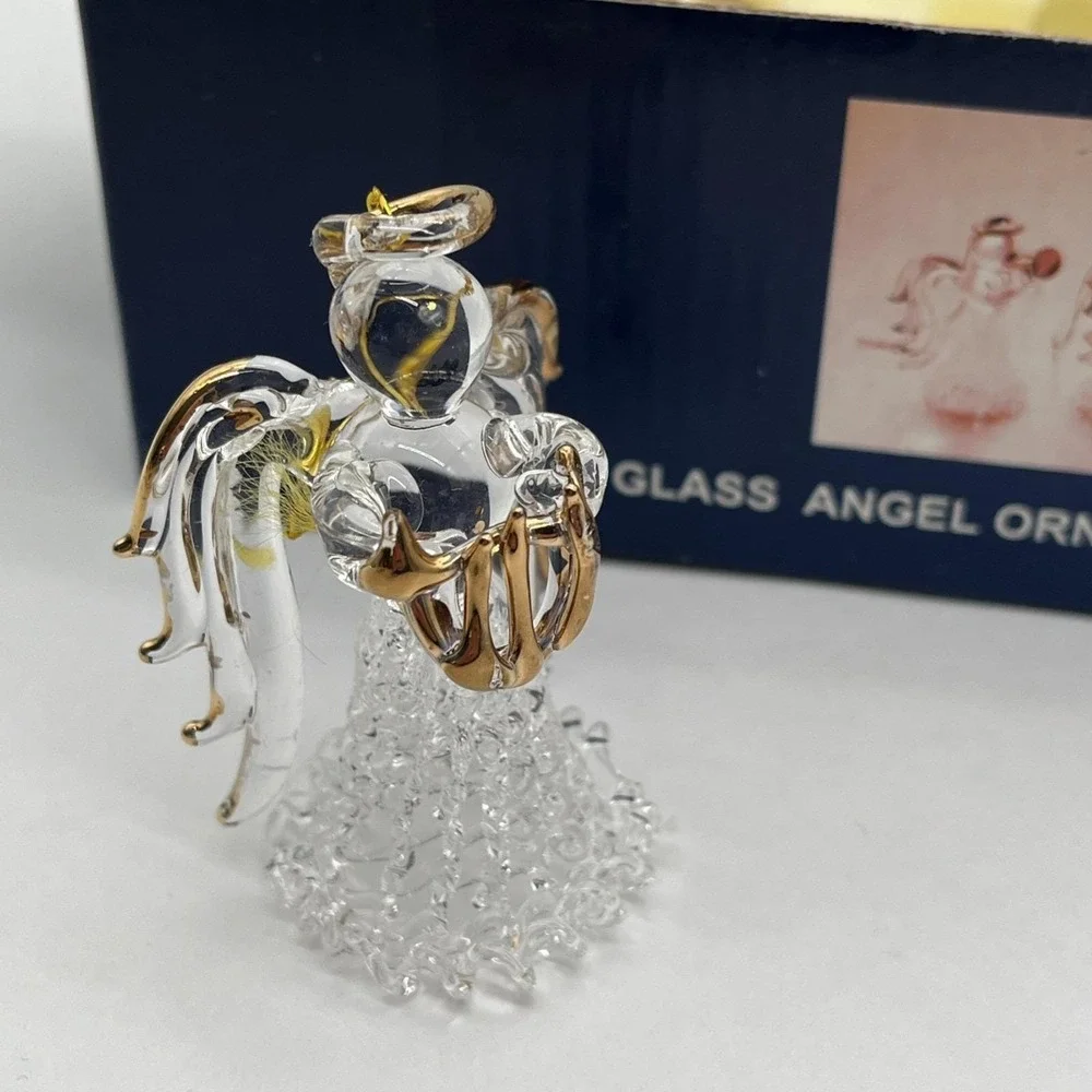 New in Box VTG Hand Blown Spun Glass Angel Christmas Ornaments Gold Trim